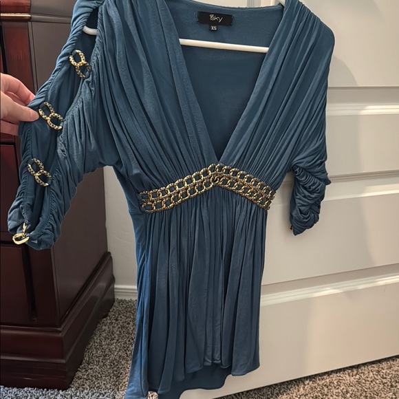 Sky Blue Ruched V-Neck Sundress with Dolman Sleeves - Picture 4 of 5